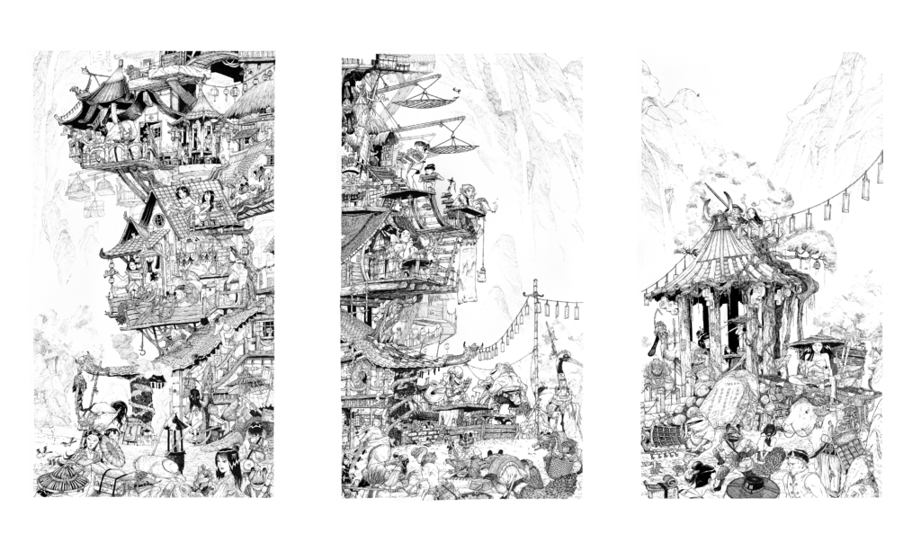 "The Longclaw Teahouse" triptych.