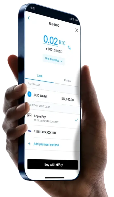 hand held phone with Cryptocrowd.org App open to the buy bitcoin page